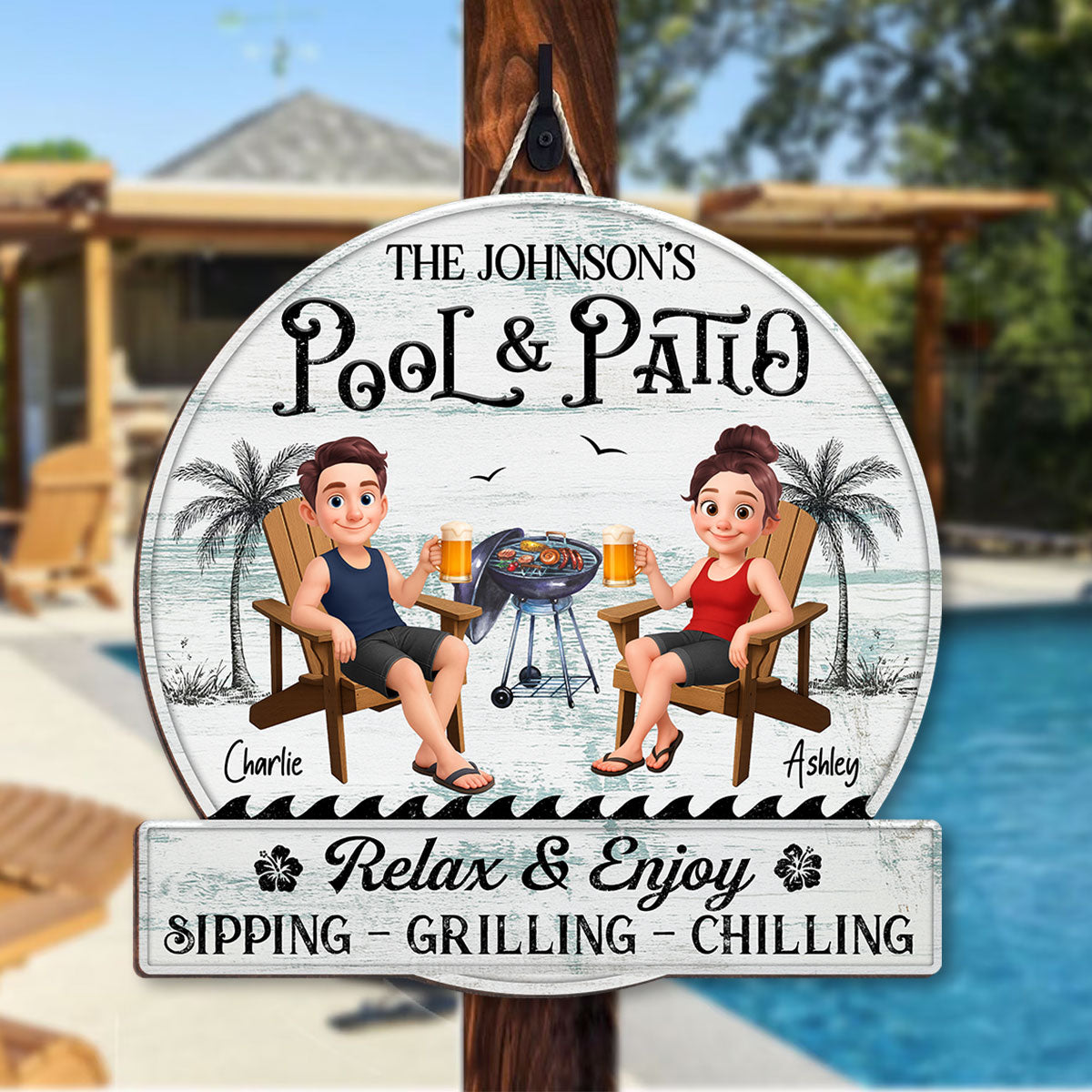 Cute Cartoon Couple Family Pool & Patio Retro Vintage Personalized Wood Sign