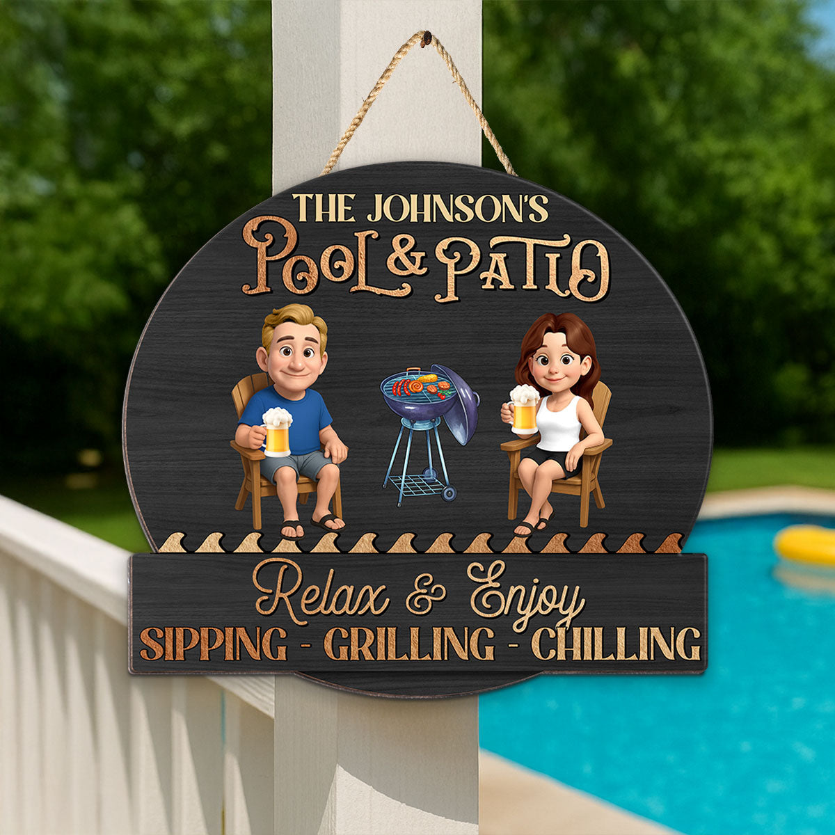Summer Couple Pool & Patio Sipping Chilling - Personalized Custom Shaped Wood Sign