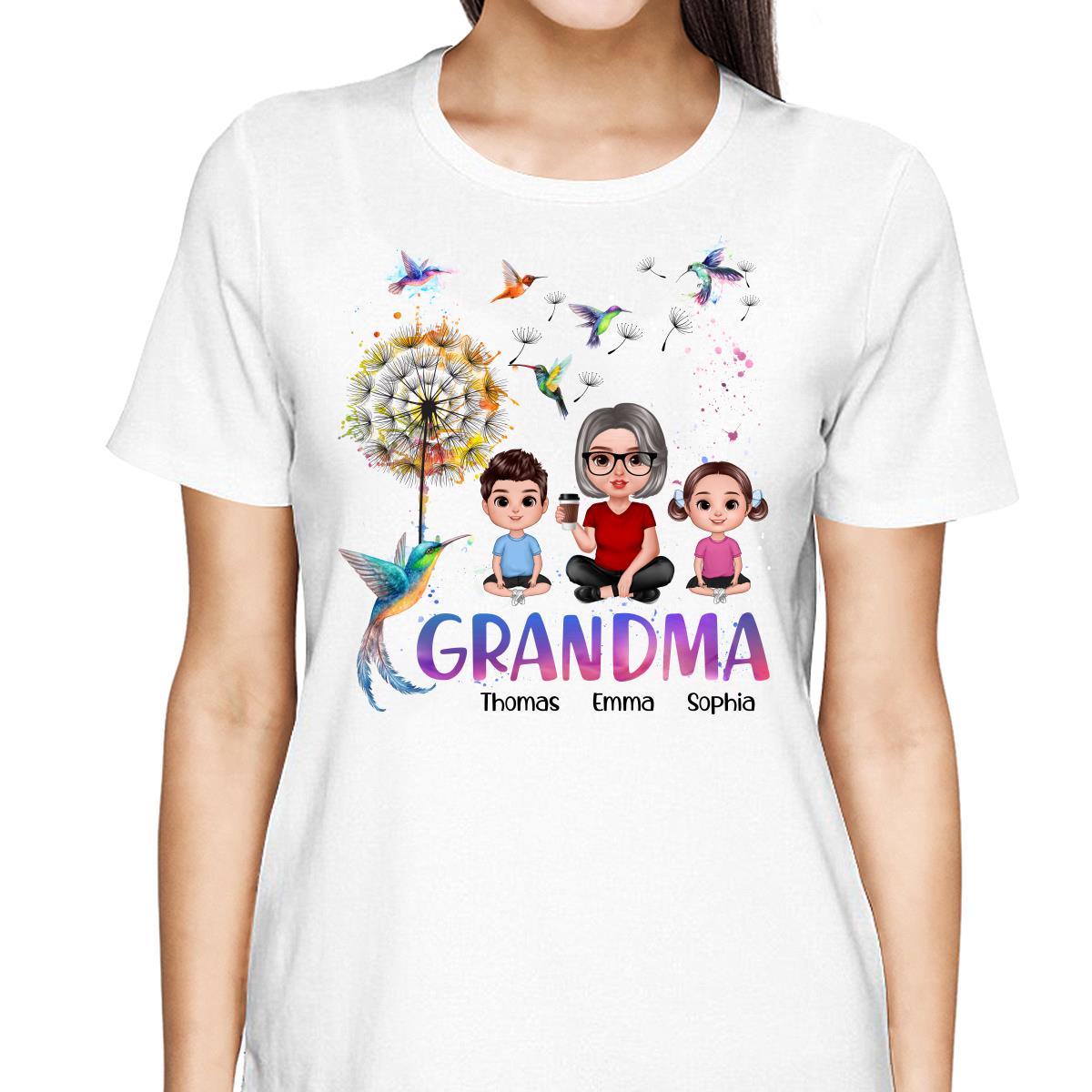 Realistic Doll Grandma Grankids Hummingbird Dandelion Personalized Shirt
