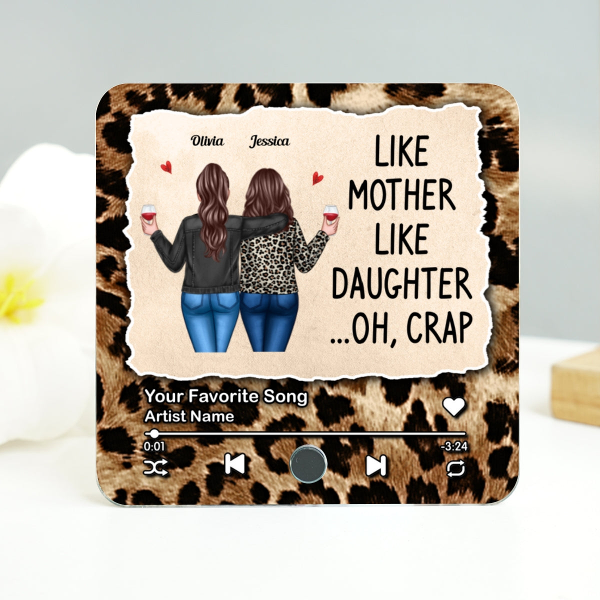 Like Mother Like Daughter Leopard Pattern Personalized Music Fridge Magnet, Funny Gift for Mom, Gift for her