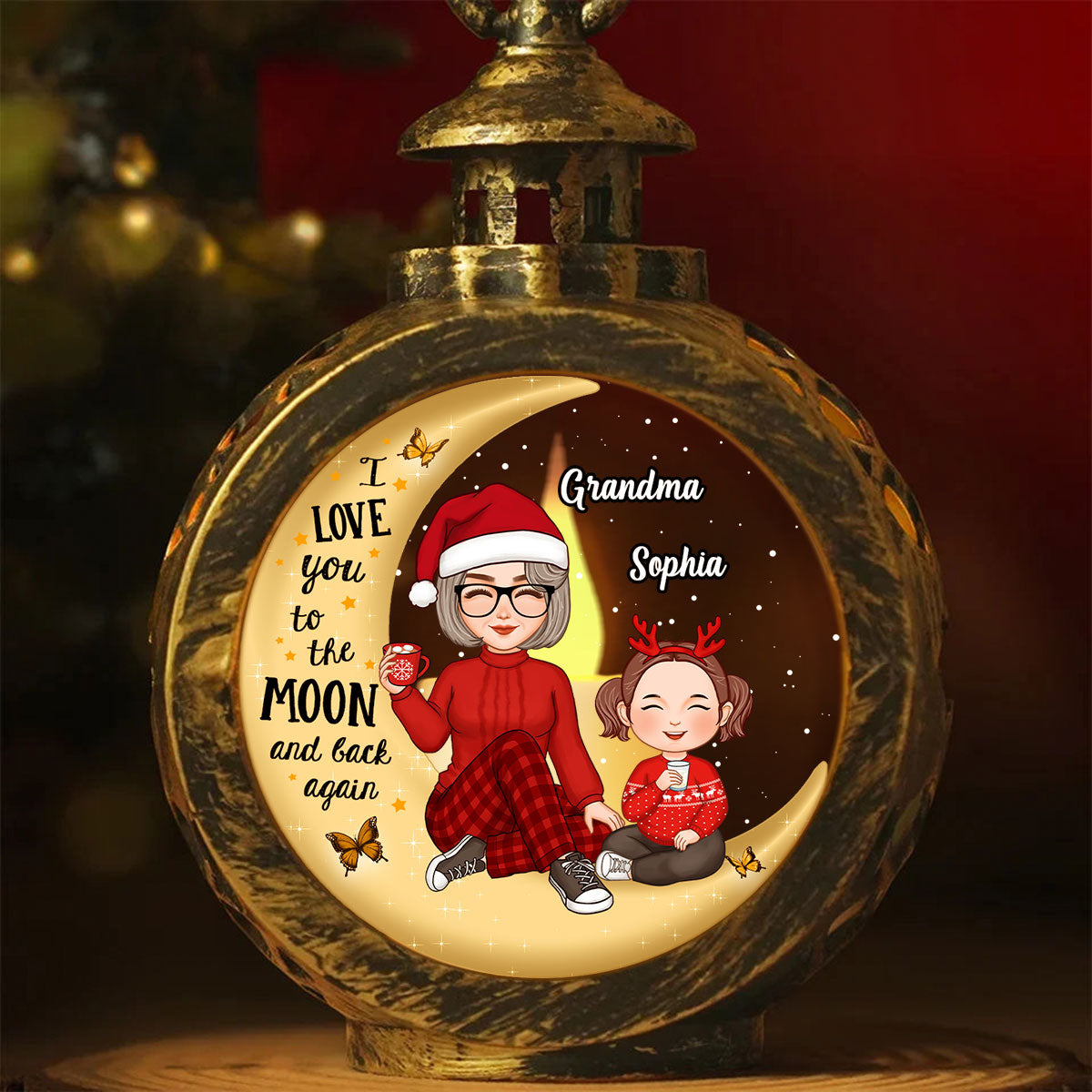 Cute Grandma & Grandkid On Moon Christmas Gift Personalized Lantern Ornament