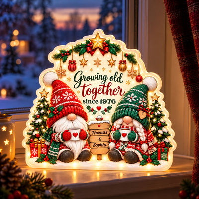 Gnome Couple Growing Old Together Since - Personalized Light Box - Christmas Gift For Couple