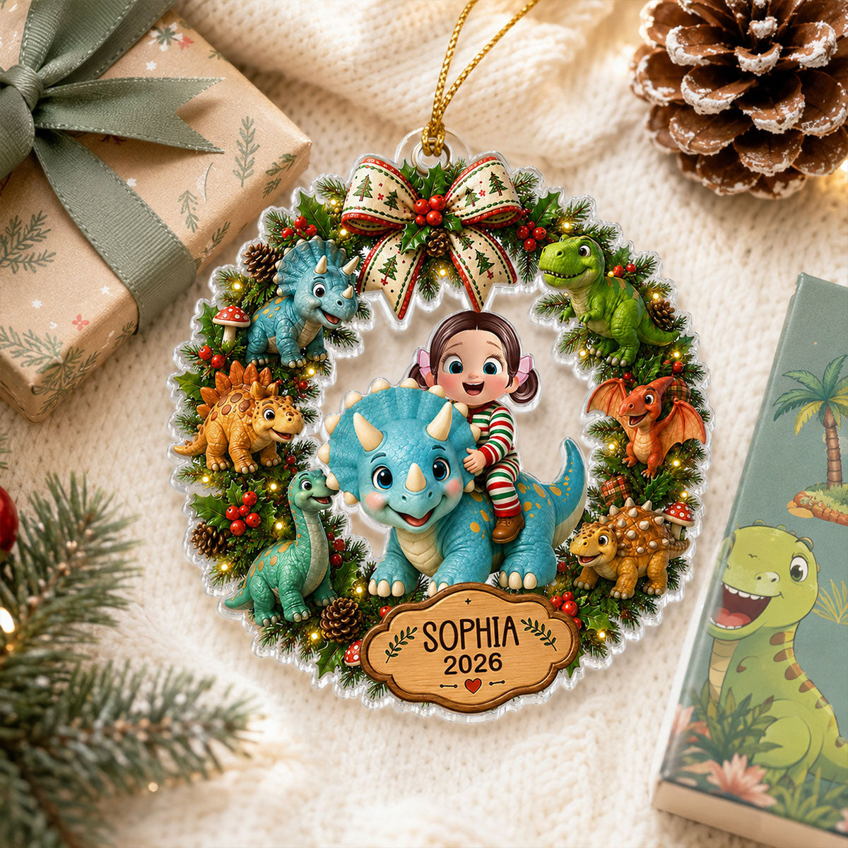 Trending Cute Cartoon Kid With Dinosaur - Personalized Acrylic Ornament - Christmas Gift For Boys, Girls