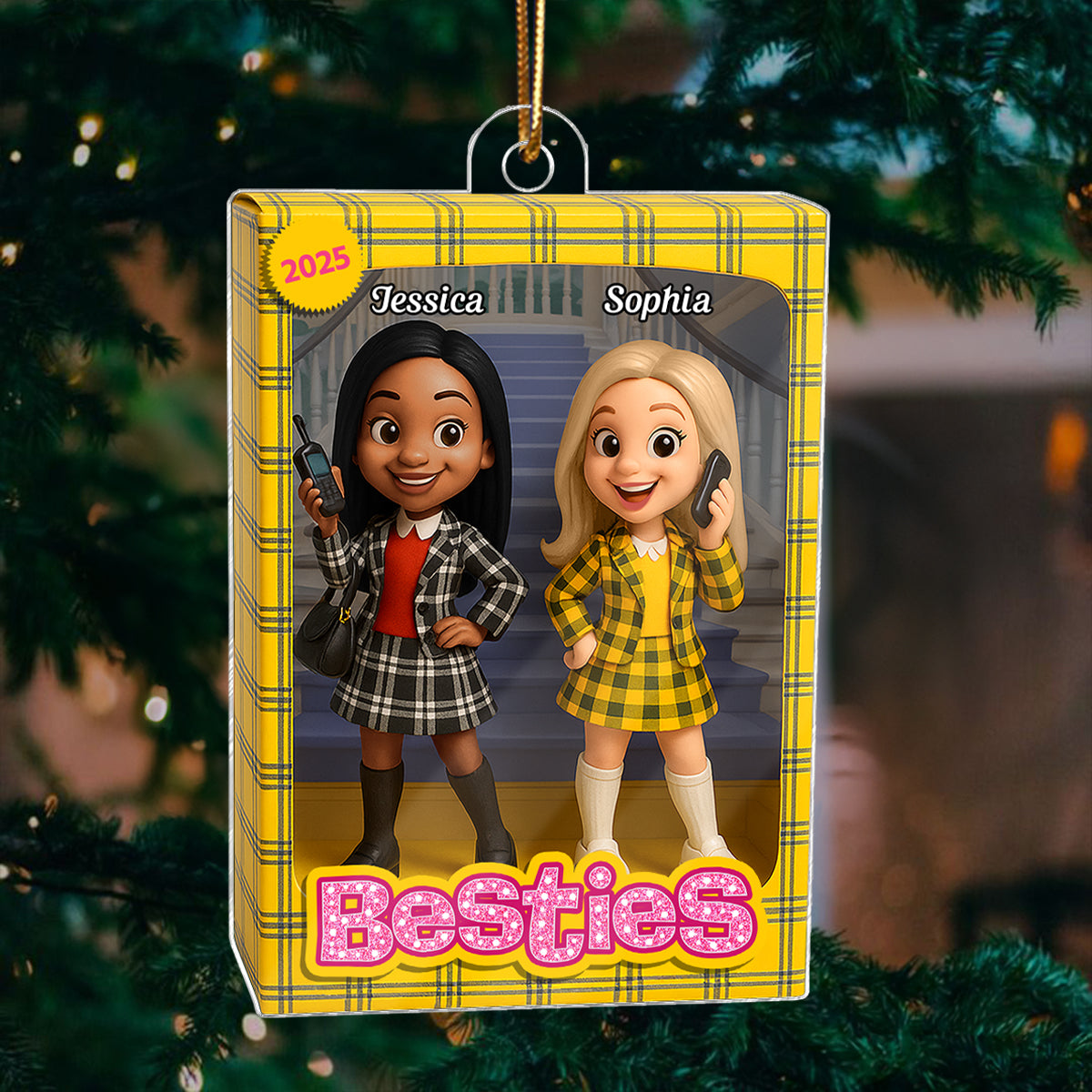 Besties Plaid Dresses Toy Box Style - Personalized Acrylic Ornament - Christmas Gift For Best Friends