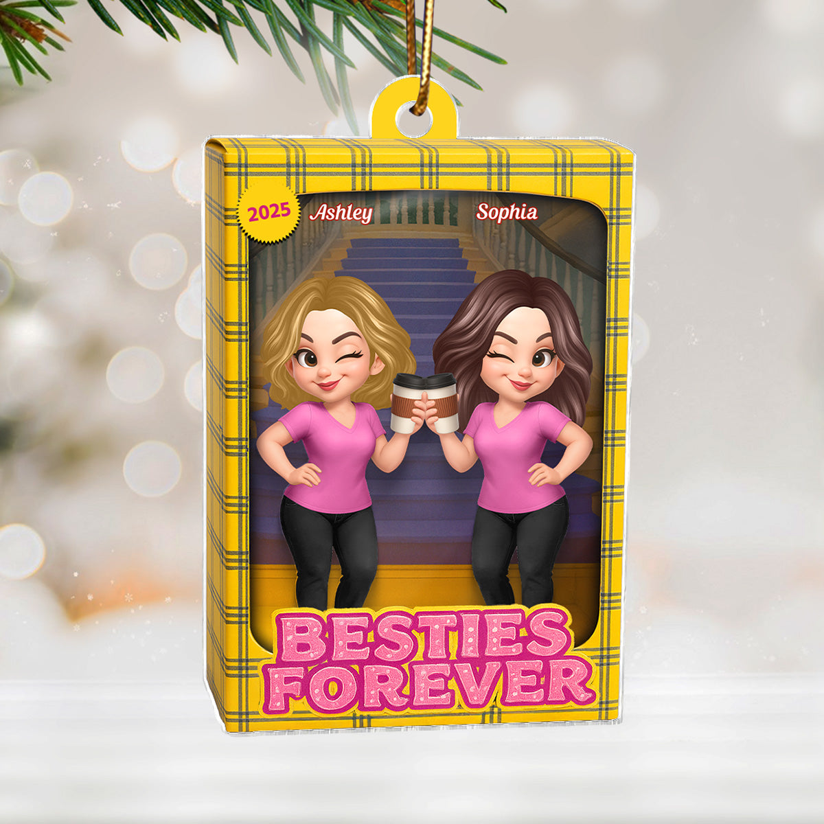 Besties Forever Yellow Plaid Toy Box Style - Personalized Acrylic Ornament - Christmas Gift For Best Friends