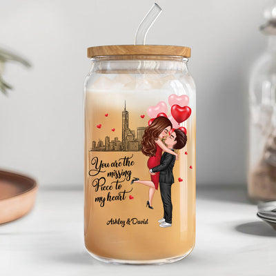 Couple Hugging Kissing You‘re The Missing Piece To My Heart Personalized Clear Glass Can