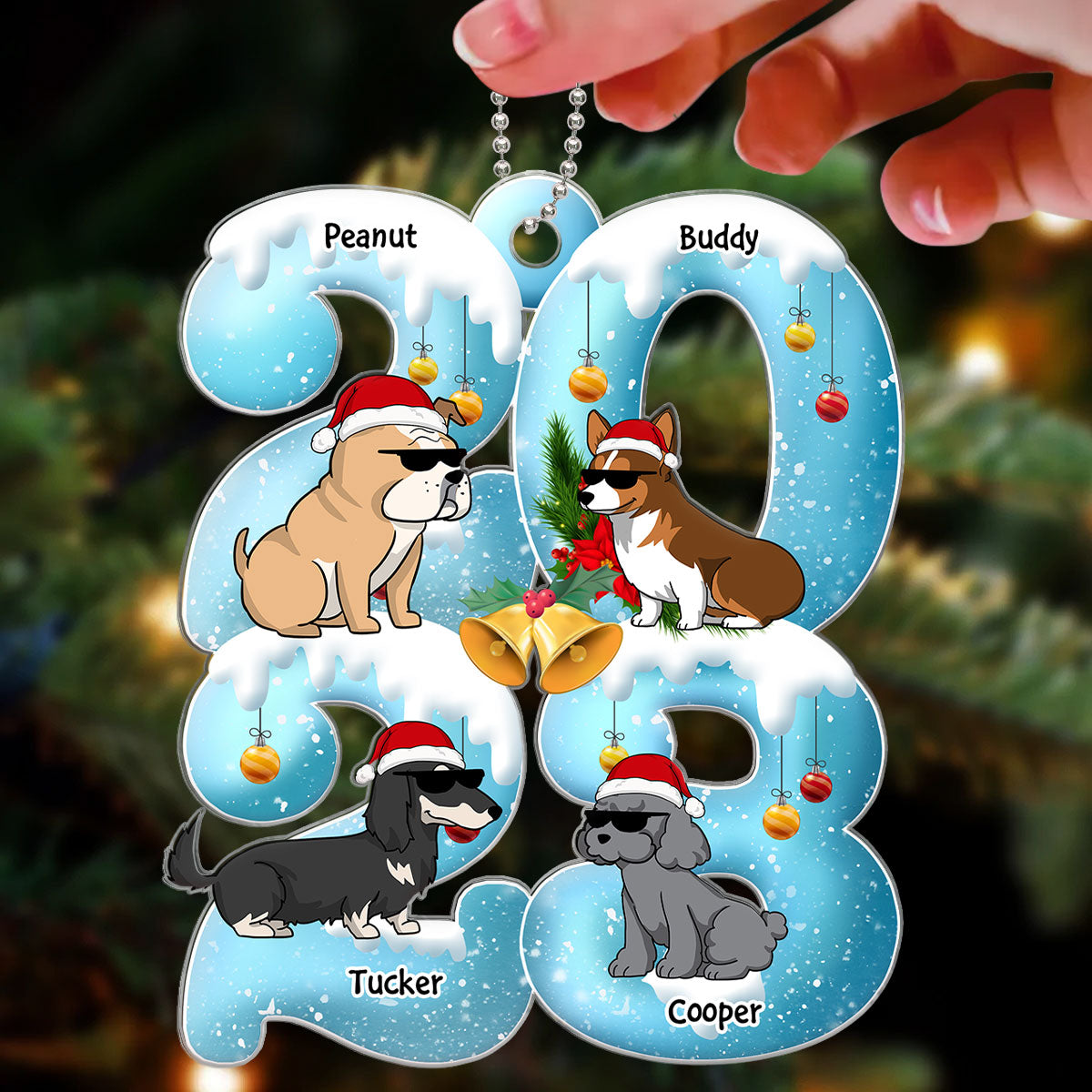 Funny Cartoon Dogs Sitting 2023 Blue Winter Snow Personalized Acrylic Ornament