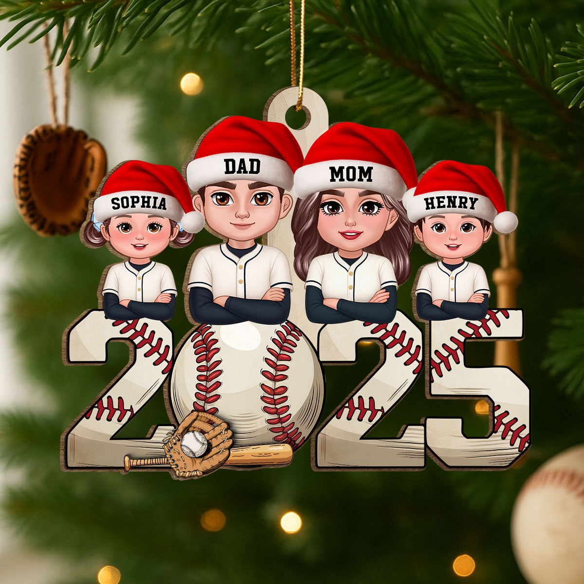 Retro Vintage Christmas Baseball Team Family - Personalized Wooden Ornament - Gift For Family