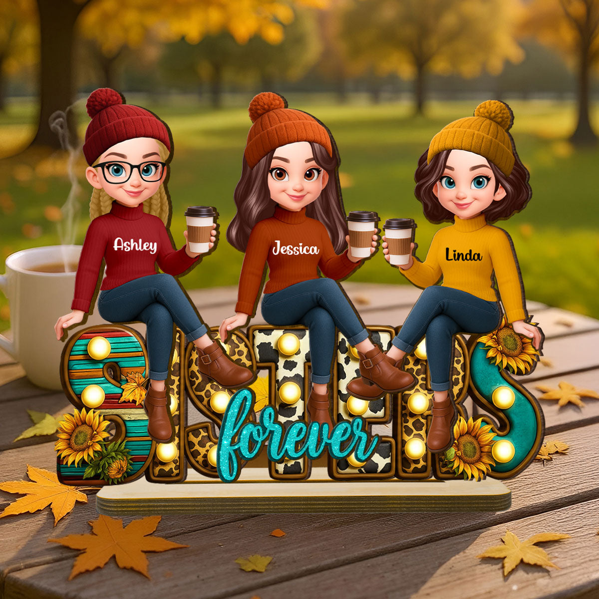 Western Fall Vibe Besties Sitting Personalized Standing Wooden Plaque, Fall Gift for Best Friends