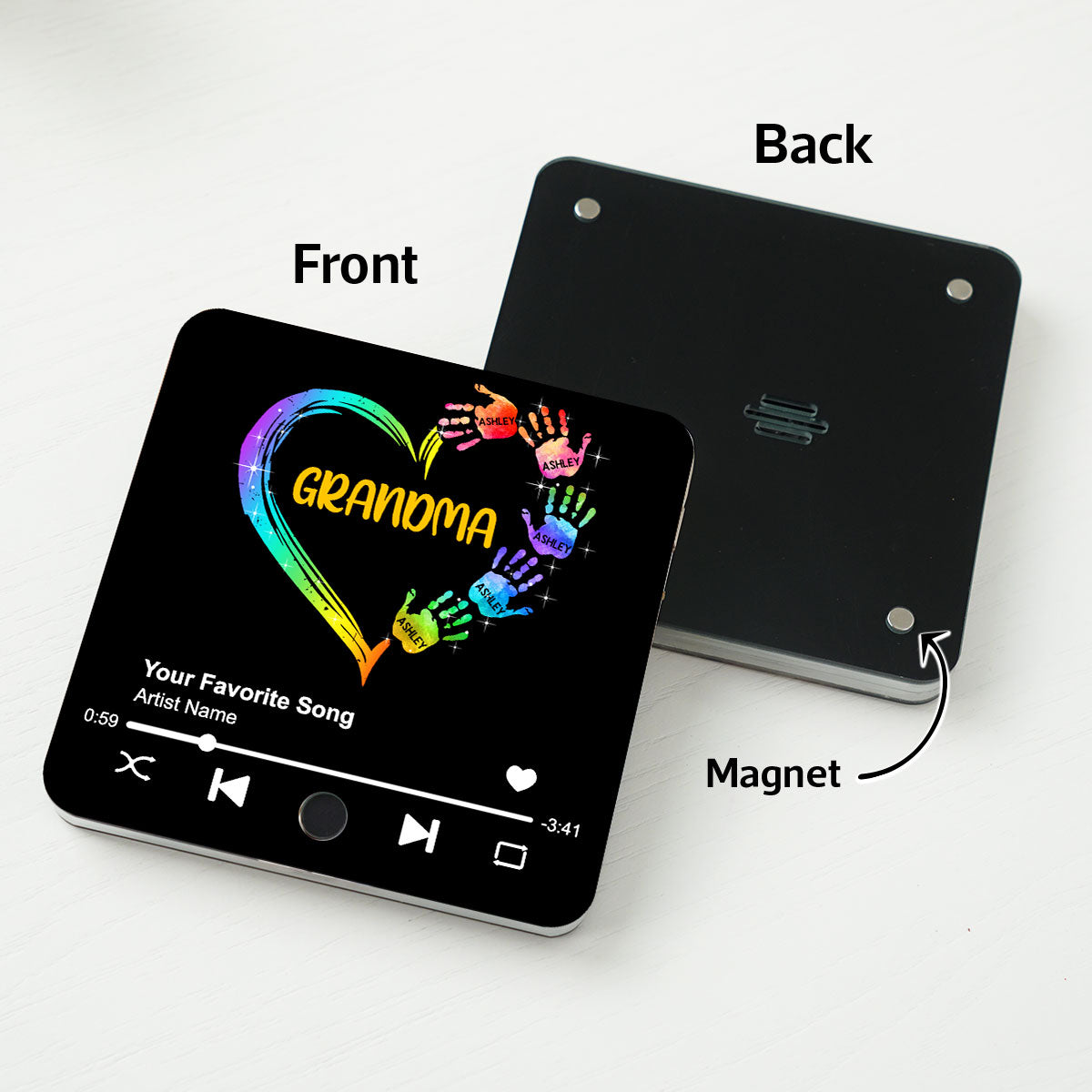 Grandma Mom Heart Hand Print Personalized Music Fridge Magnet, Heartfelt Gift for Grandma, Mom