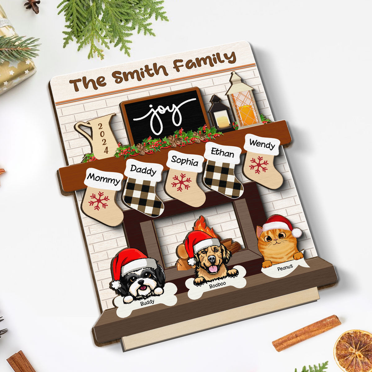 Family With Dog Cat Stockings Fireplace Personalized 2-Layer Standing Wooden Plaque, Christmas Mantle Table Topper