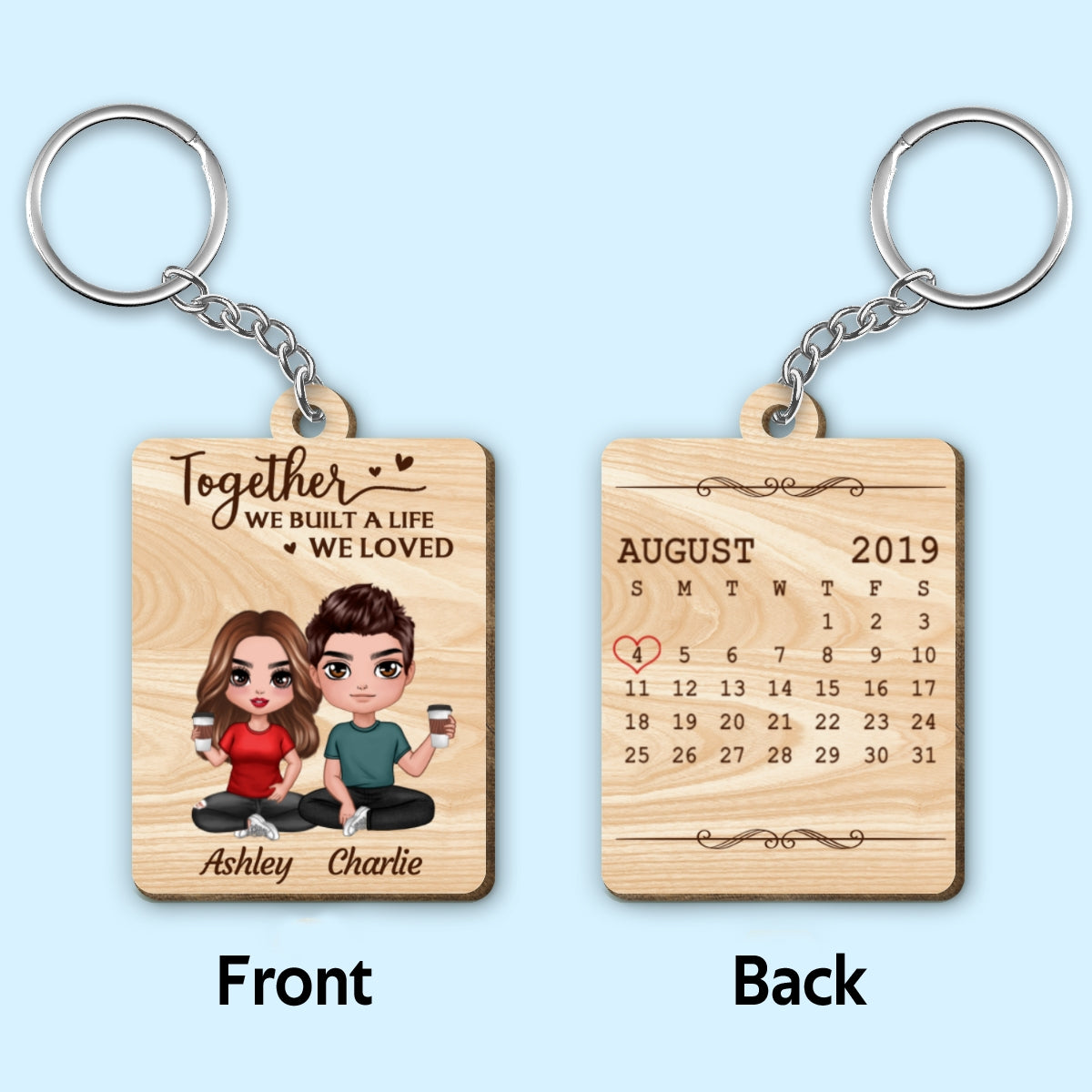 Doll Couple Sitting Anniversary Date Calendar Personalized Wooden Keychain