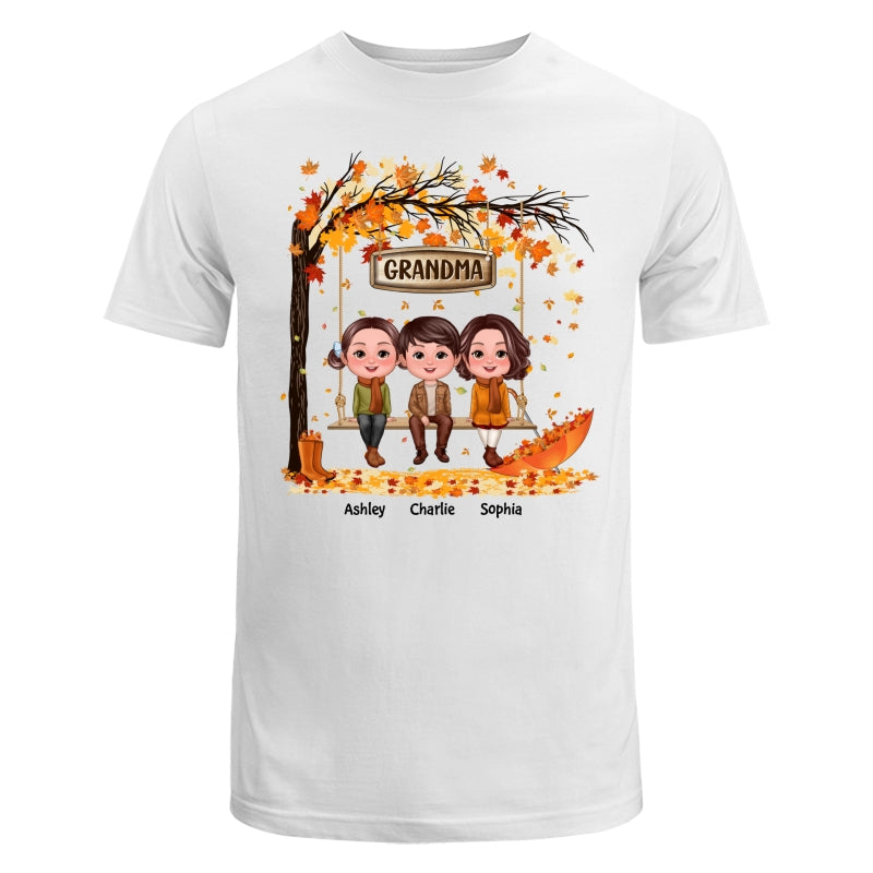 Fall Season Kids Sitting On Swing Grandma Mom Personalized Shirt