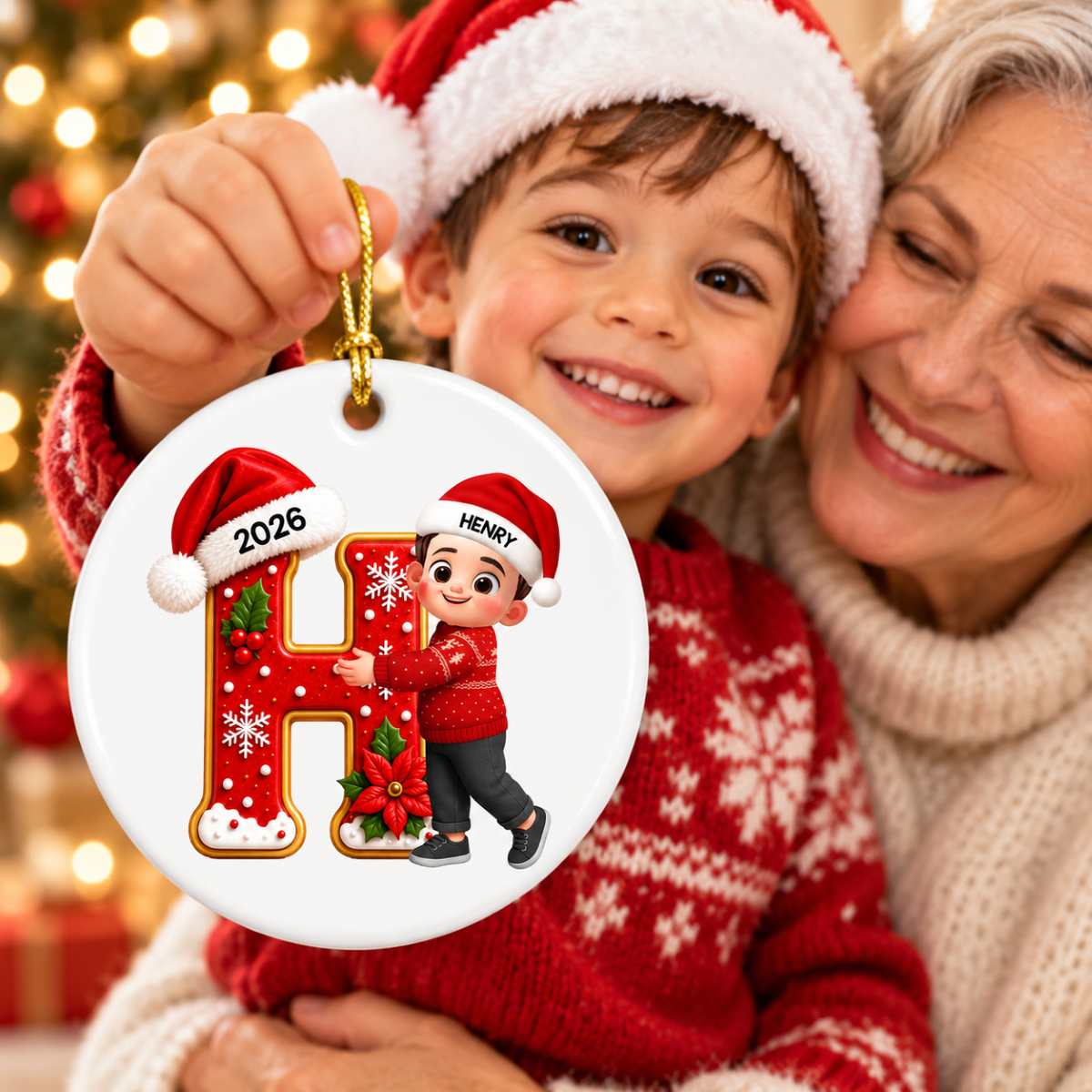 Joyful Christmas Letter Hug - Personalized Circle Ornament- Gift For Boys, Girls, Grandkids