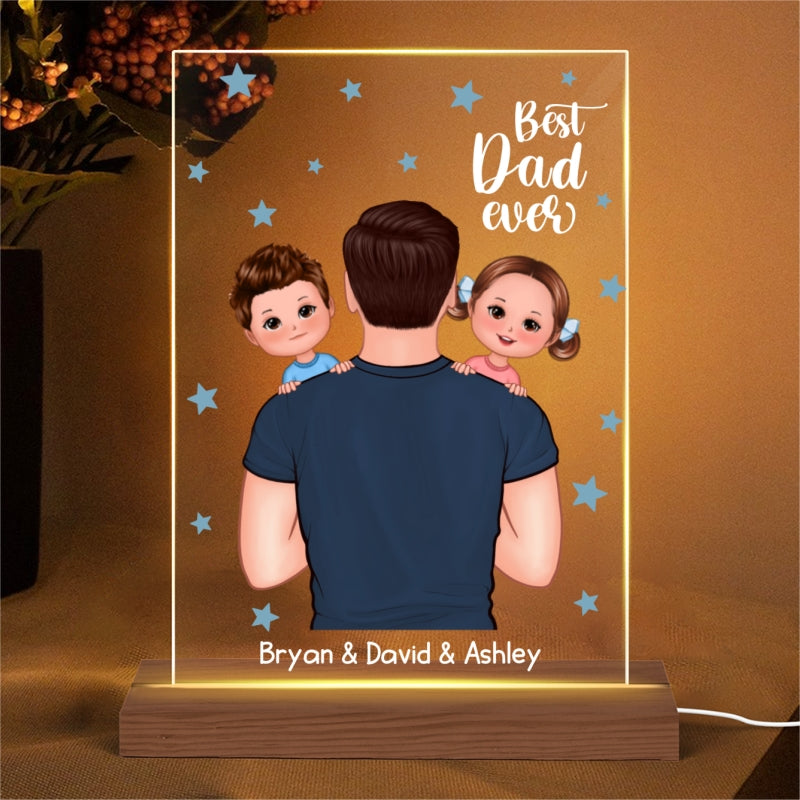 Best Dad Ever Holding Kids Blue Star Personalized Acrylic LED Night Light