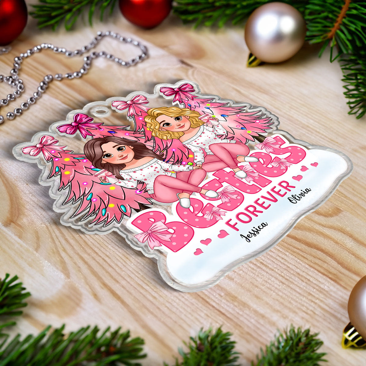 Animated Besties Forever Pink Christmas Tree Personalized Acrylic Ornament