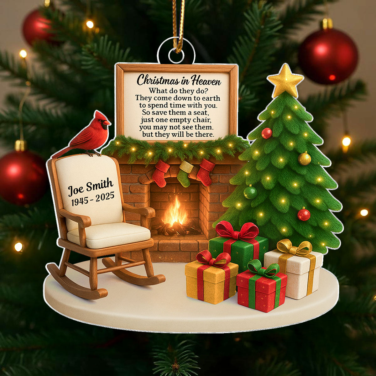 Christmas In Heaven Cardinal On Chair 3D Effect Personalized Acrylic Ornament, Heartwarming Memorial Sympathy Gift
