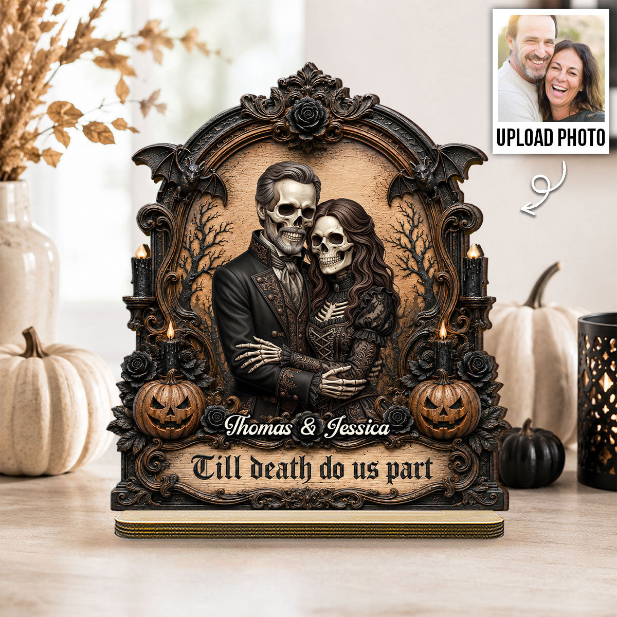 Halloween Custom Photo Skeleton Couple - Personalized 2-Layered Wooden Plaque - Halloween Gift For Couple