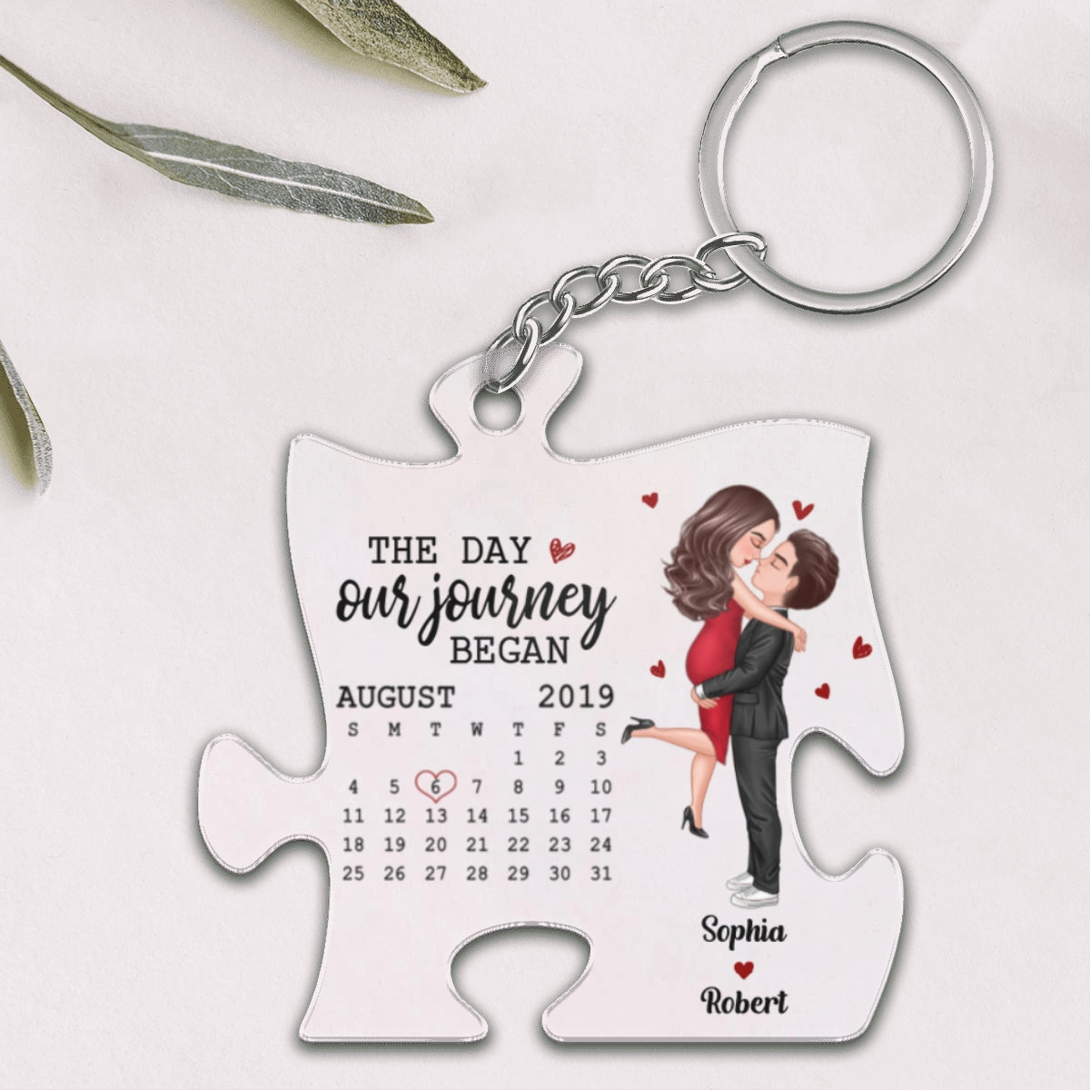 The Missing Piece Couple Kissing Anniversary Date Calendar Personalized Puzzle Shaped Acrylic Keychain - Gift For Him, Gift For Her