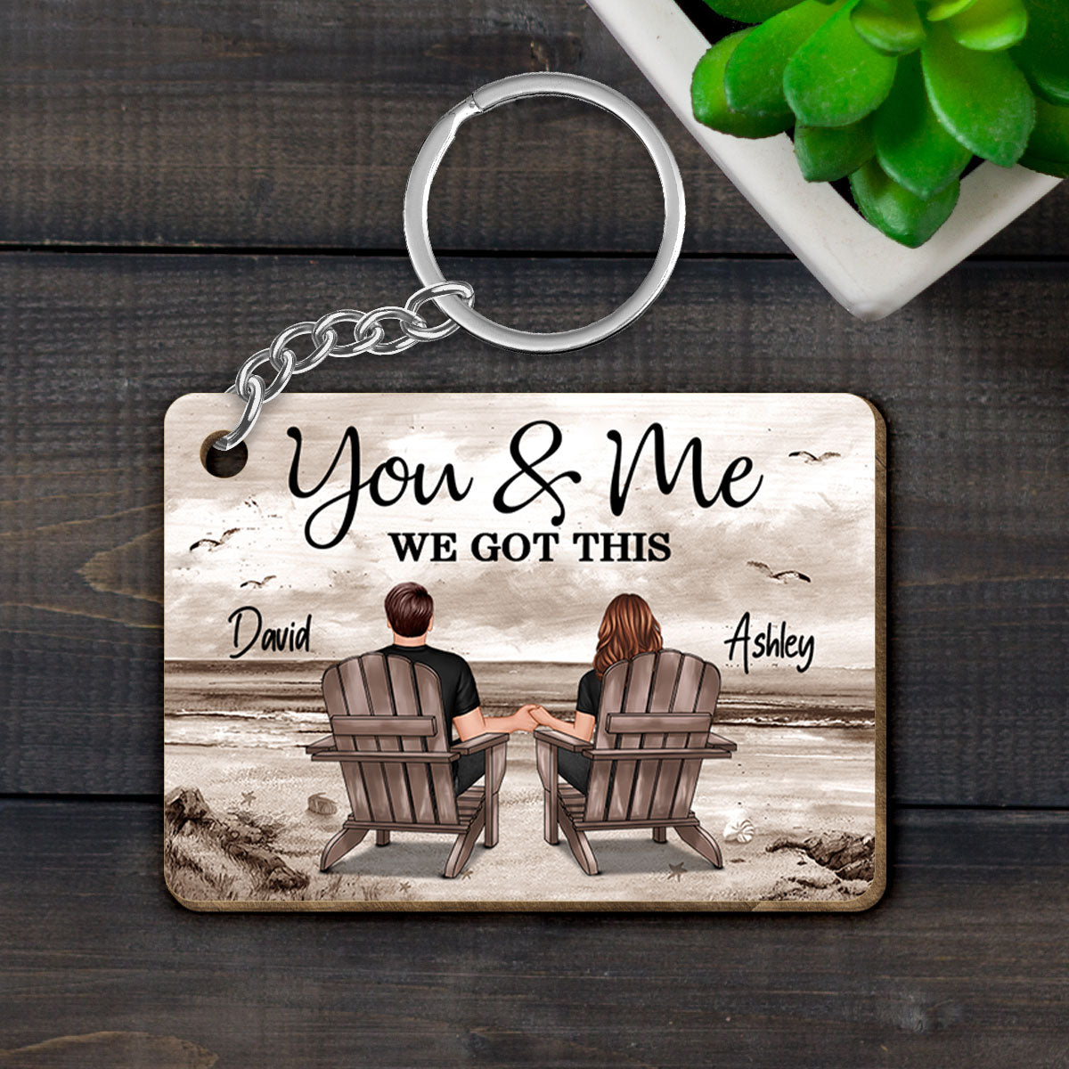 Retro Vintage Back View Couple Sitting Beach Landscape Personalized Wooden Keychain