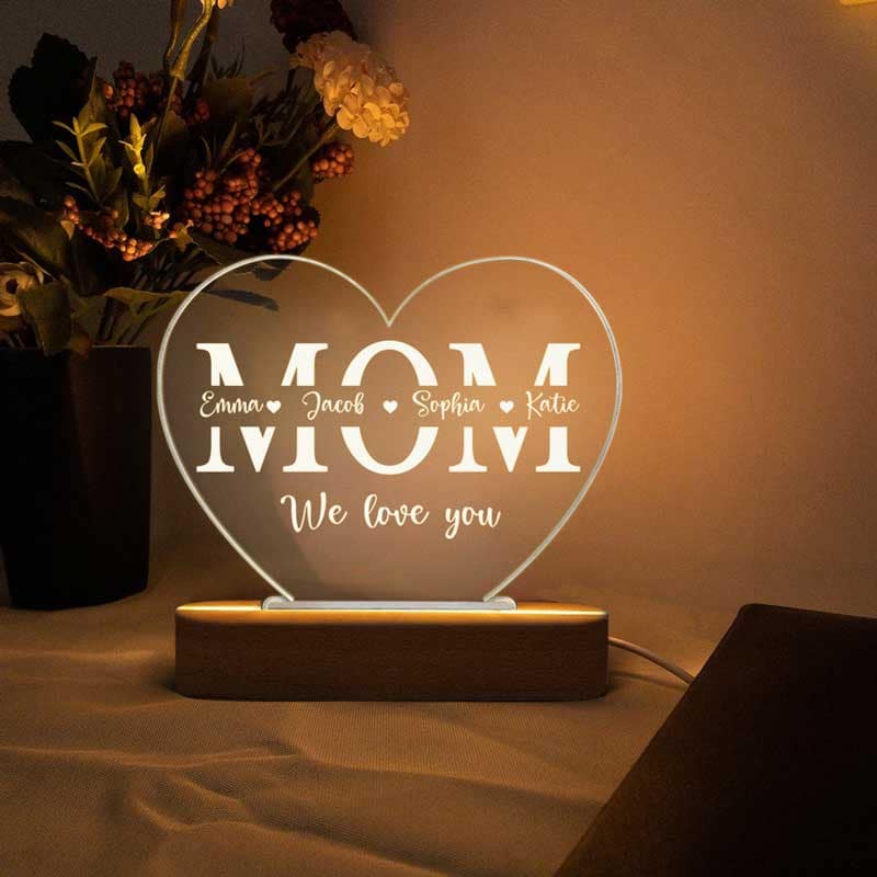 We Love You Mom Children Names Personalized Heart Plaque With LED Night Light - Acrylic LED Lamp - Mother‘s Day Gift, Birthday Gift For Mom