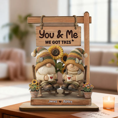 3D Effect Gnome Couple Sitting On Rocking Chair - Personalized 2-Layered Wooden Plaque - Perfect Valentine's Day Gift For Him, Gift For Her