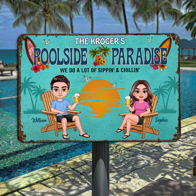 Summer Family Couple Poolside Paradise Grilling And Chilling Personalized Metal Sign