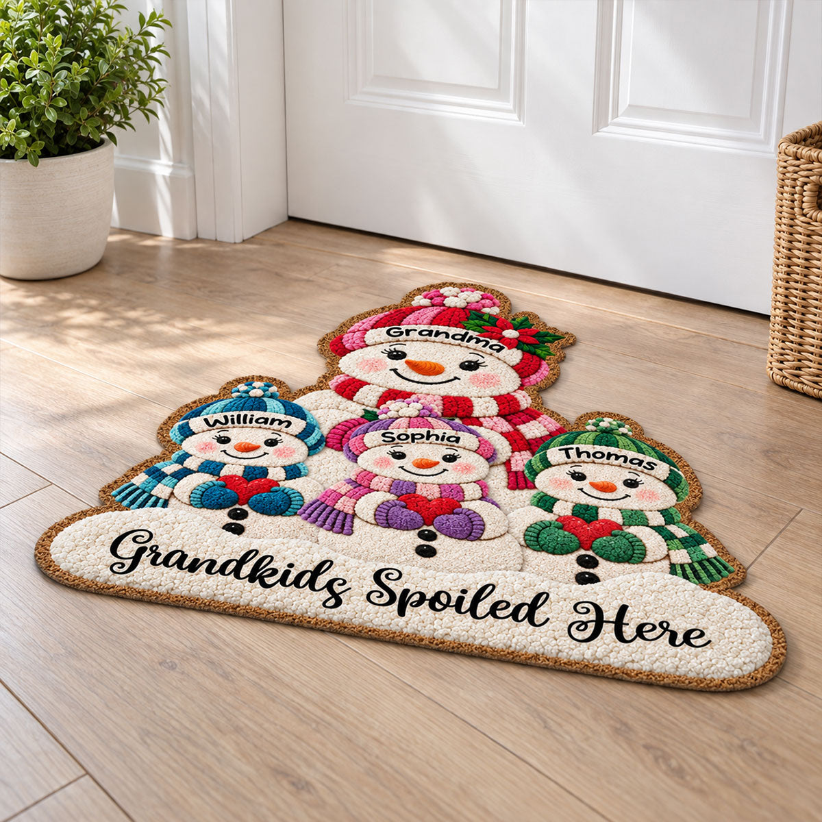 Cute Snowman Grandma & Grandkids 2D Flat Printed - Personalized Doormat - Christmas Decor For Grandma