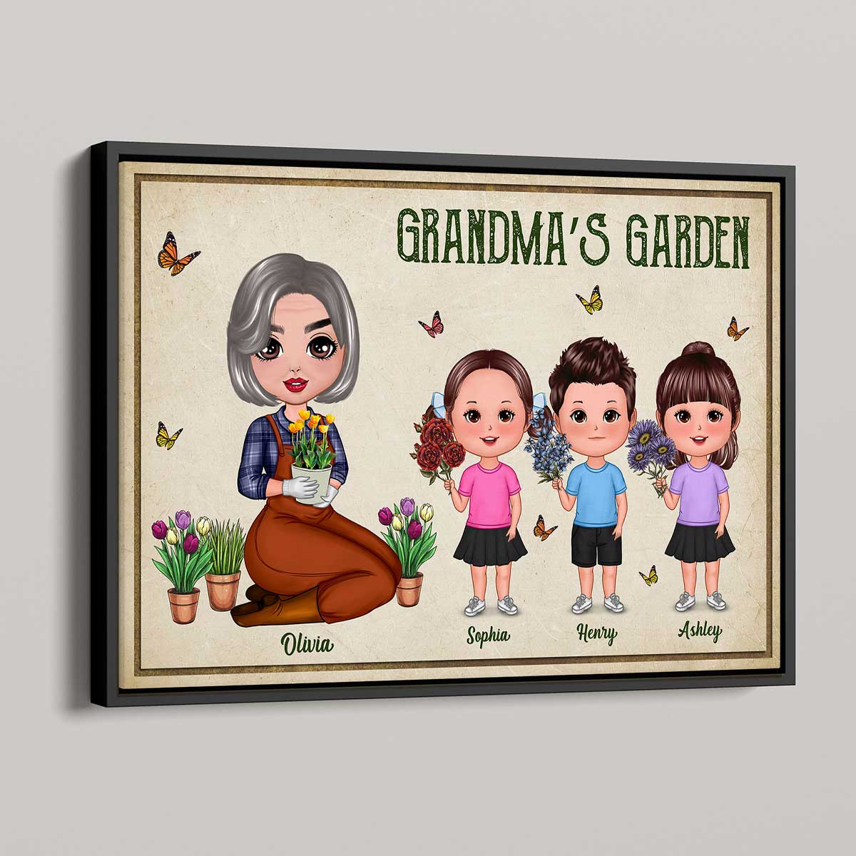 Grandma‘s Garden Doll Woman And Grandkids Birth Flowers Personalized Poster