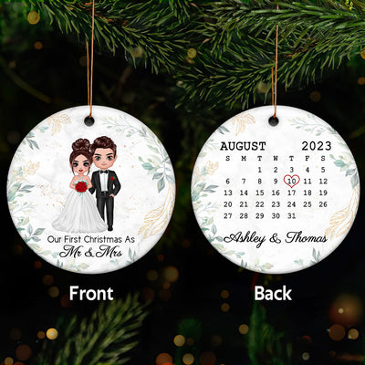 First Christmas Couple Green Leaves Wedding Engaged Anniversary Date Calendar Personalized Double Sided Circle Ornament