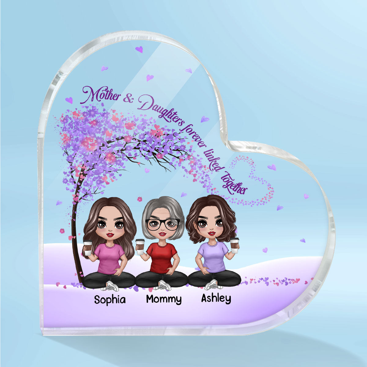 Doll Mom And Daughters Sitting Under Purple Tree Personalized Heart Acrylic Plaque