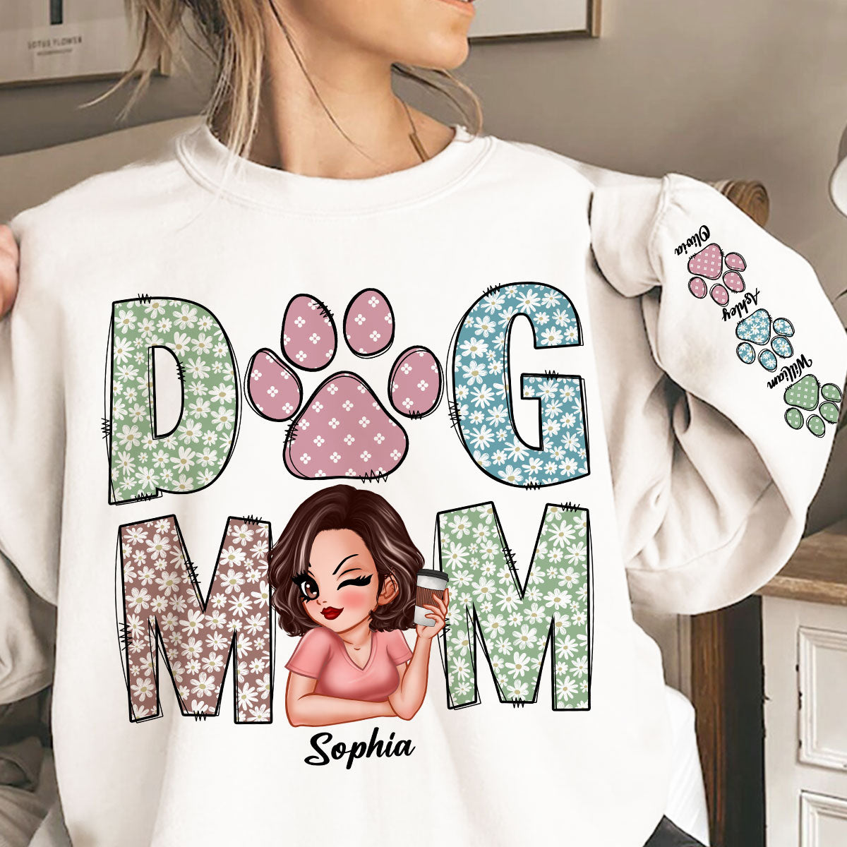 Pastel Floral Dog Mom Gift For Dog Lovers Personalized Sleeve Printed Sweatshirt