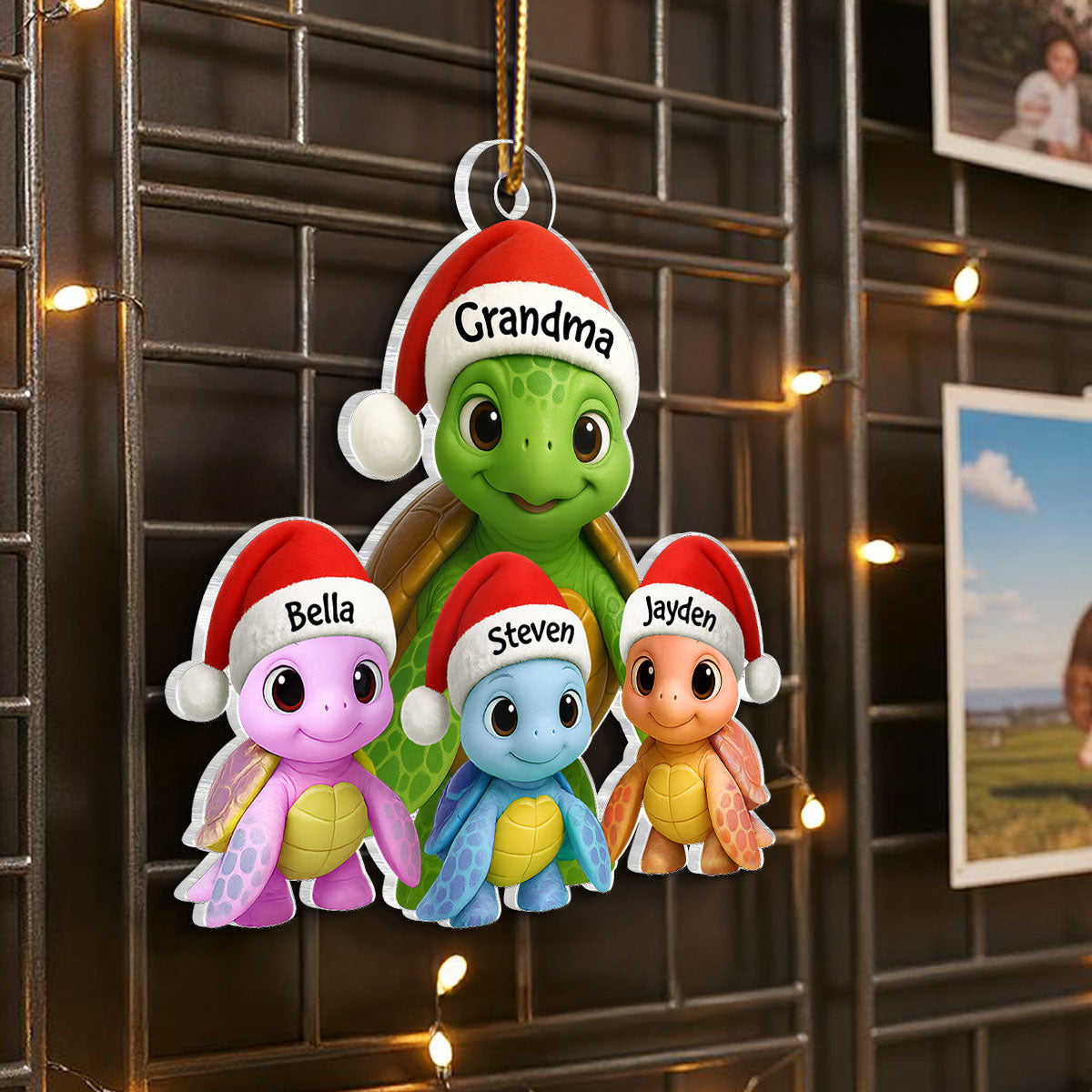 3D Effect Cute Christmas Sea Turtles Grandma And Grandkids - Personalized Acrylic Ornament