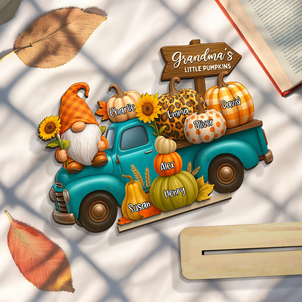 Fall Gnomes Truck Grandma's Pumpkin Personalized Standing Wooden Plaque, Cozy Fall Decor for Grandma