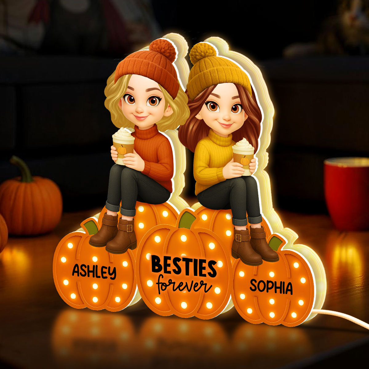 Besties Sisters Sitting On Pumpkins Marquee Pattern Effect Personalized LED Light Box, Cozy Fall Vibe Home Decoration