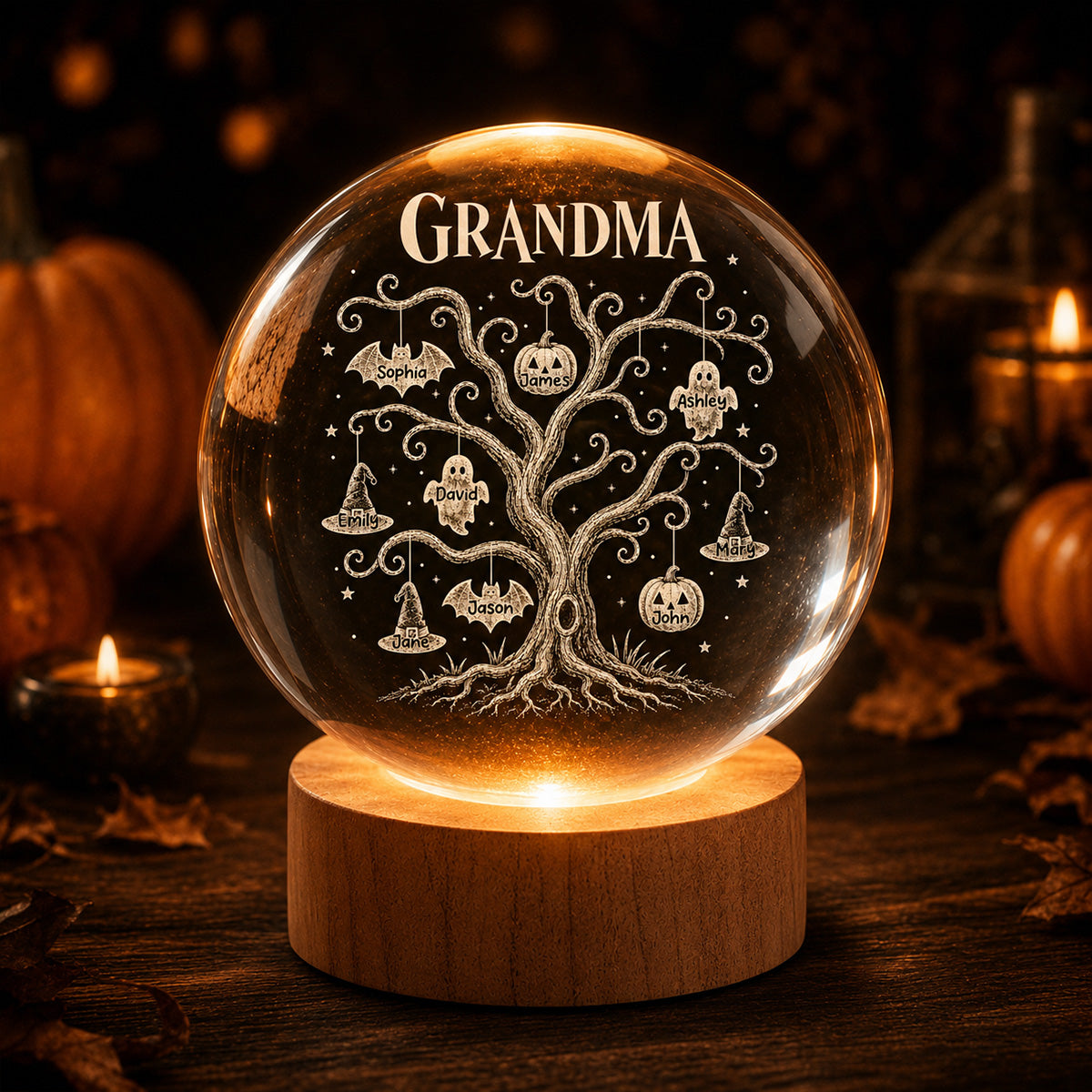 Halloween Tree With Kids Names - Personalized Crystal Ball Night Light - Halloween Gift For Grandma