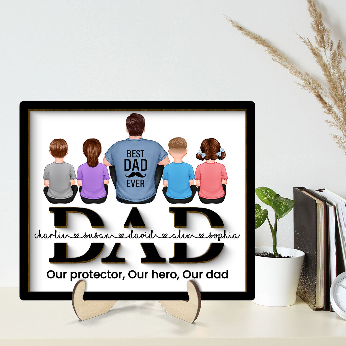 Dad And Kids Back View Sitting On Text Personalized 2-Layer Wooden Plaque