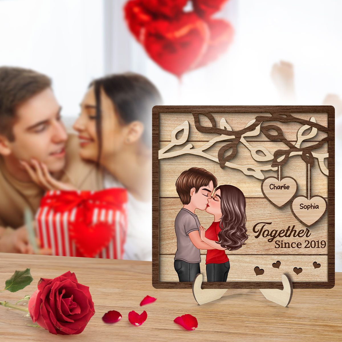 Couple Kissing Under Tree Personalized 2-Layer Wooden Plaque,  Gift for Him, Gift for Her