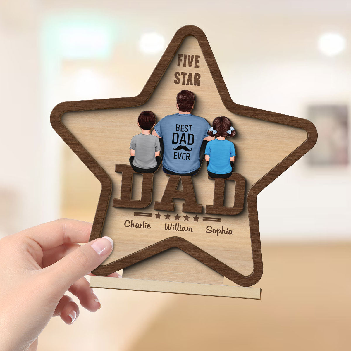 Five - Star Dad Back View Dad And Kids Personalized 2-Layer Standing Wooden Plaque