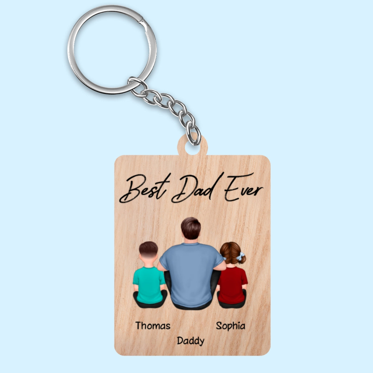 Back View Dad And Kids Dogs Cats Sitting Best Dad Ever Personalized Wooden Keychain