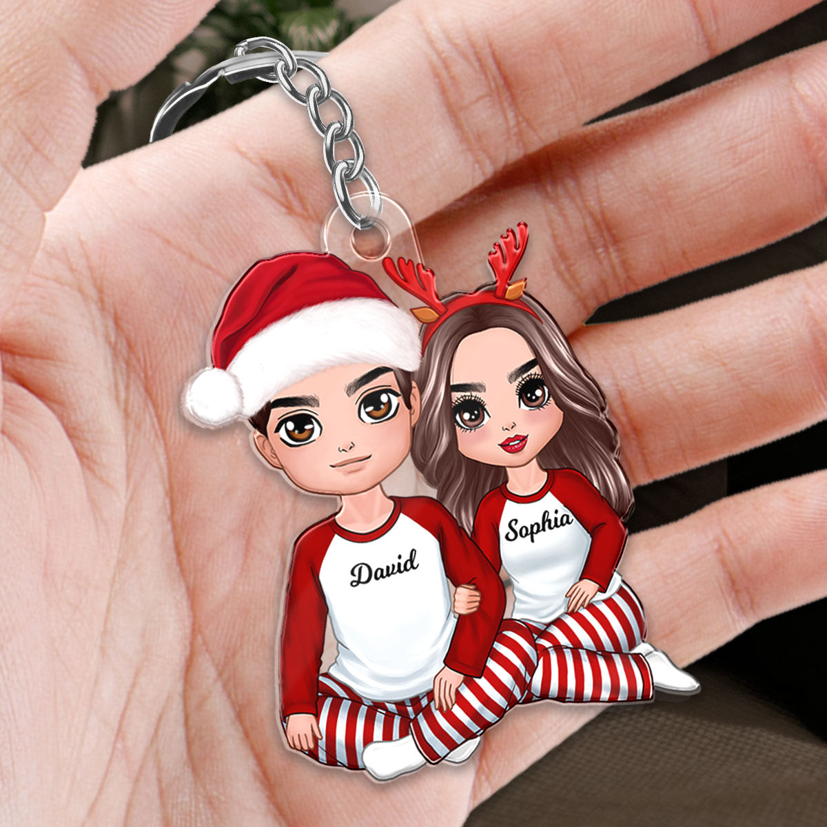 Christmas Doll Couple Sitting Hugging Personalized Acrylic Keychain