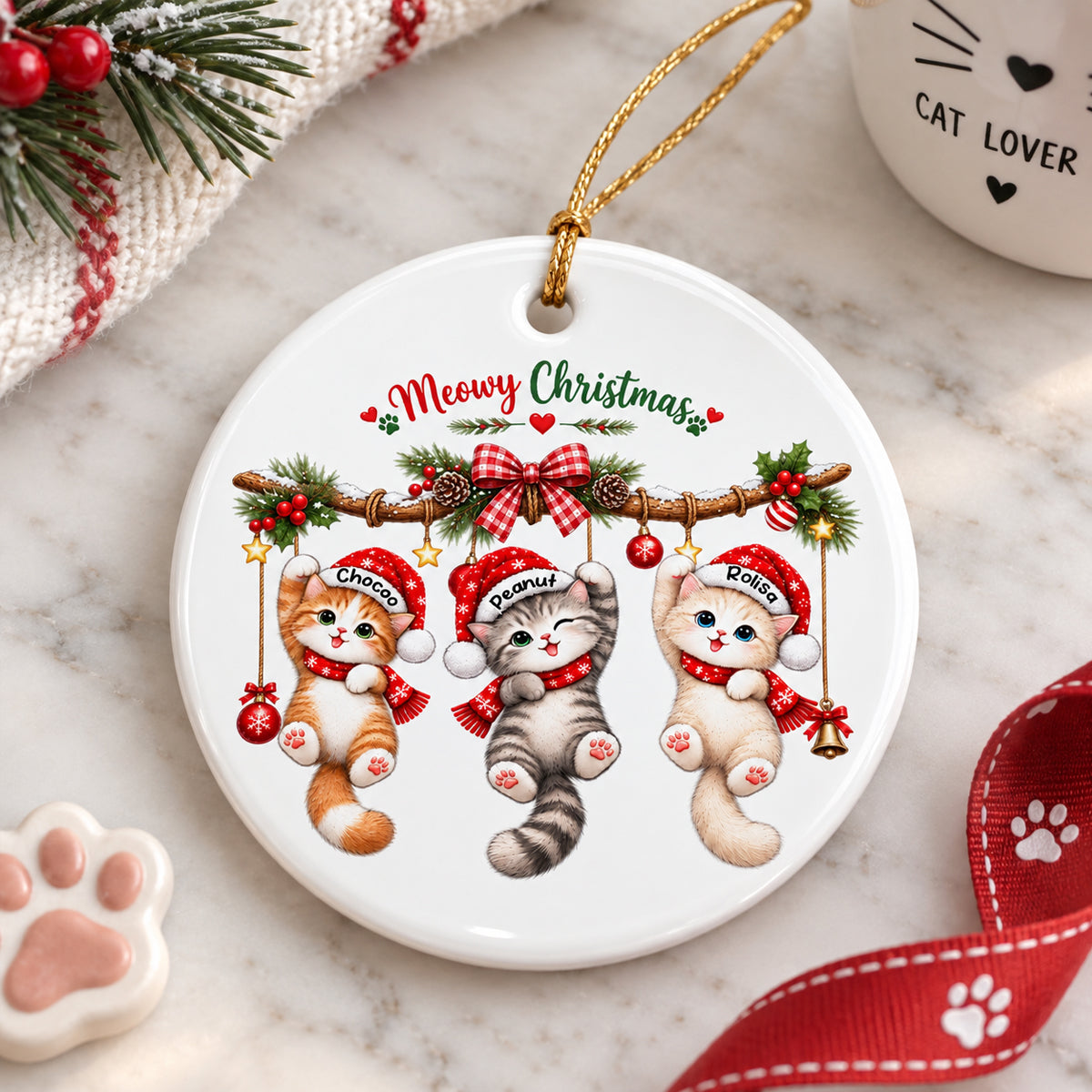 Meowy Christmas Cute Cats Hanging - Personalized Ceramic Ornament - Christmas Gift for Cat Lovers