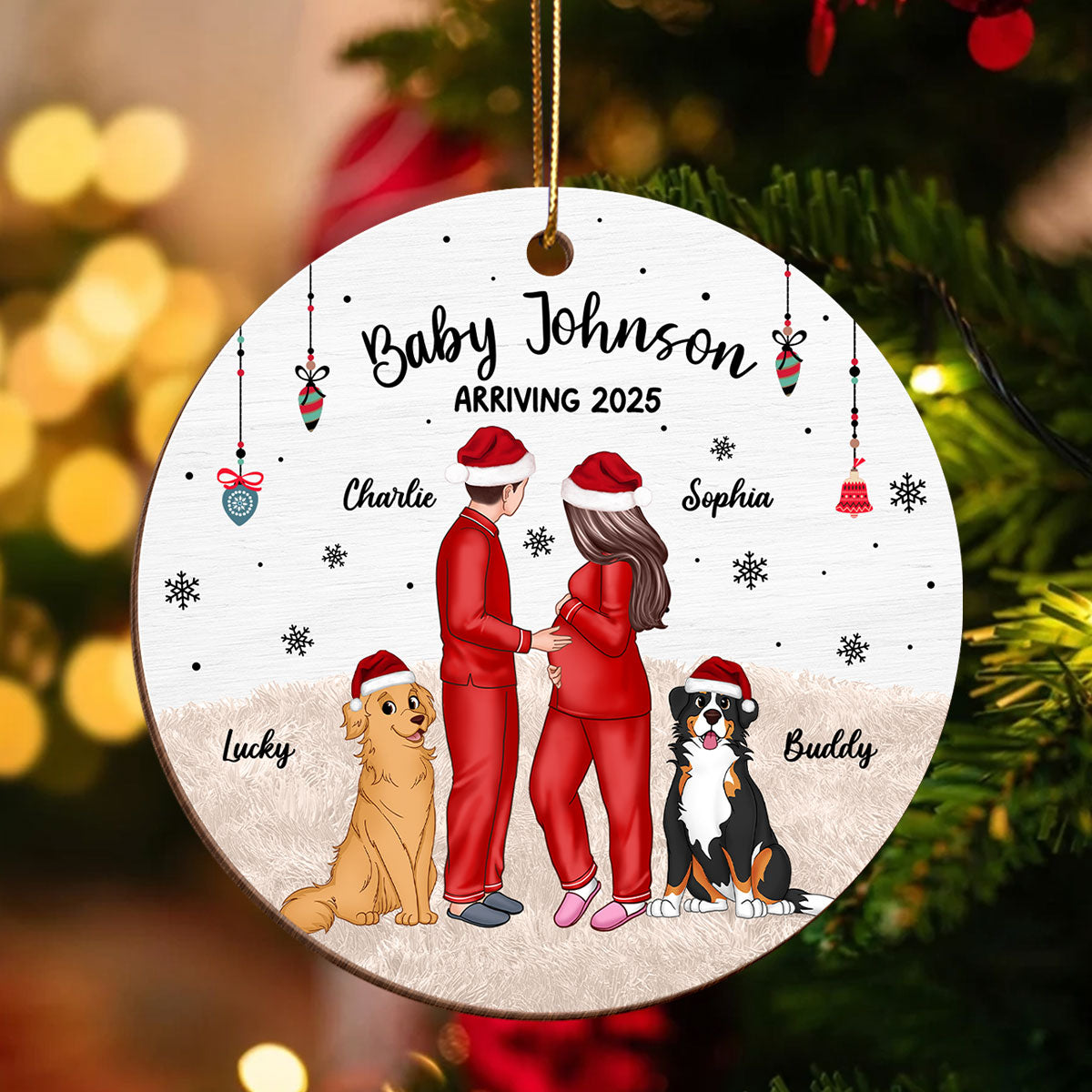 Pregnant Couple and Pet Keepsakes - Personalized Wooden Ornament - Christmas Gift