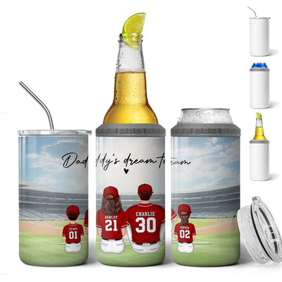 Daddy's Team Baseball Family Sitting Personalized 4 In 1 Can Cooler, Father's Day Gift For Dad, Grandpa, Husband