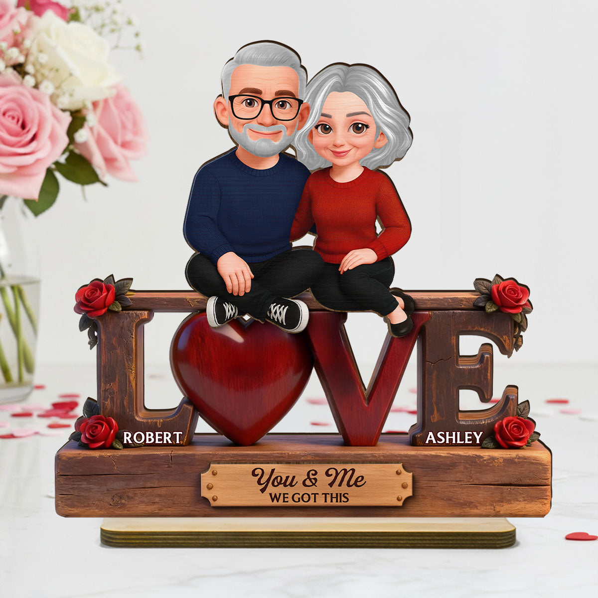 Roses LOVE Couple Sitting Embracing - Personalized 2-Layered Wooden Plaque - Valentine's Day Gift For Couple, For Him, For Her