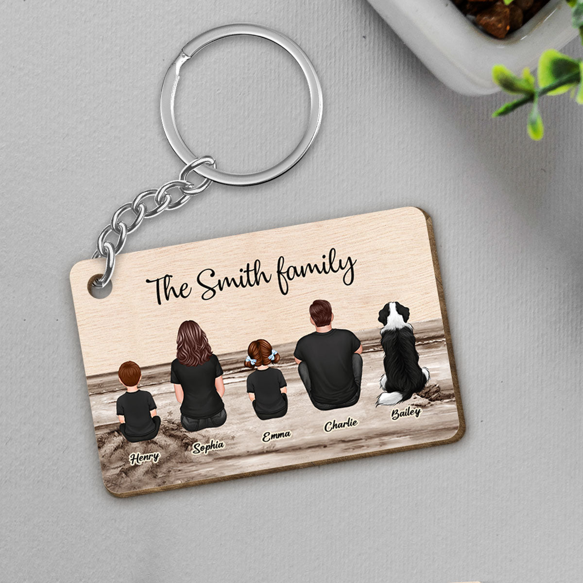 Family Sitting Back View Retro Vintage Beach Landscape Wooden Keychain, Father's Day Gift For Dad, For Grandpa