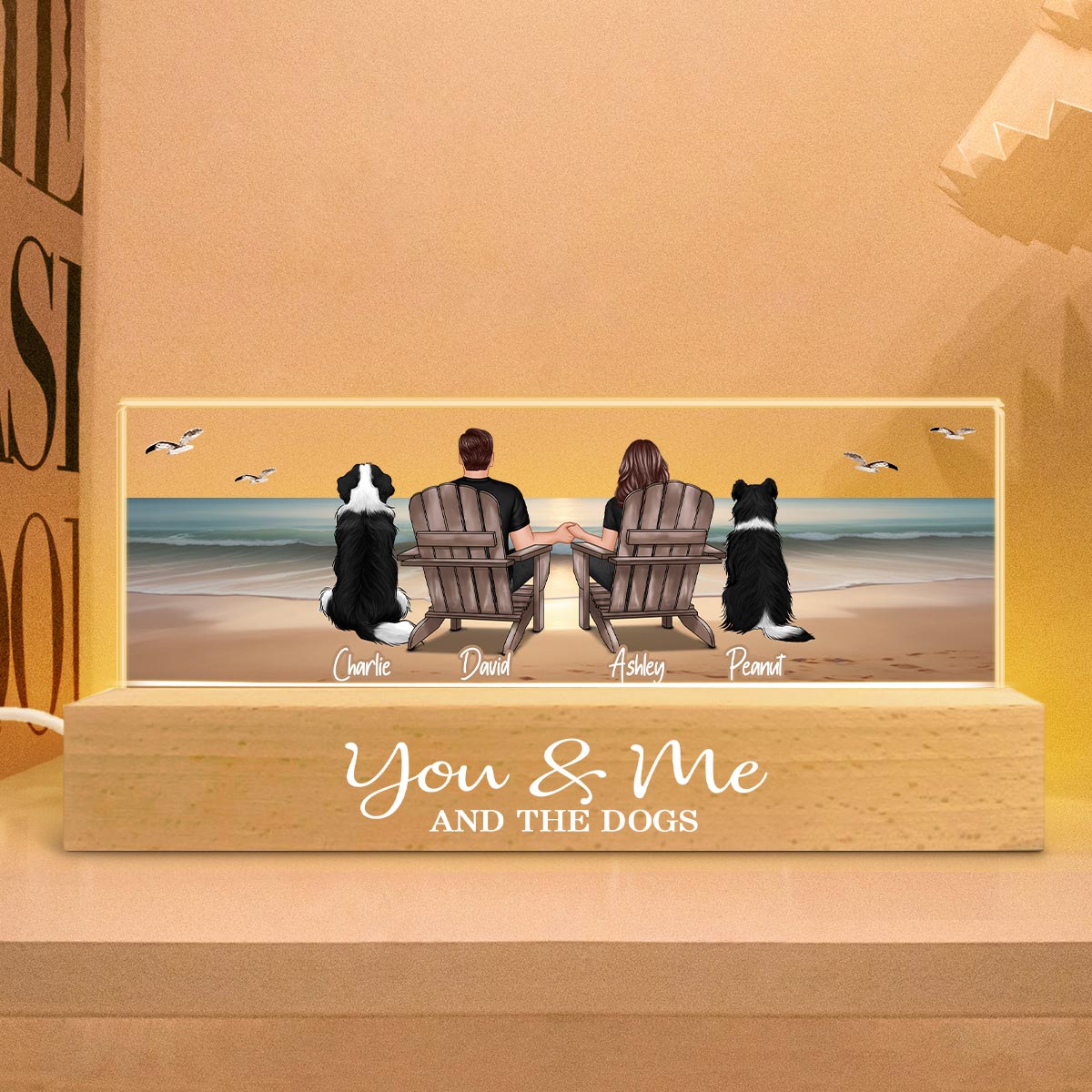You Me And The Dogs Cats Couple Realistic Beach Landscape Personalized Acrylic Block LED Night Light