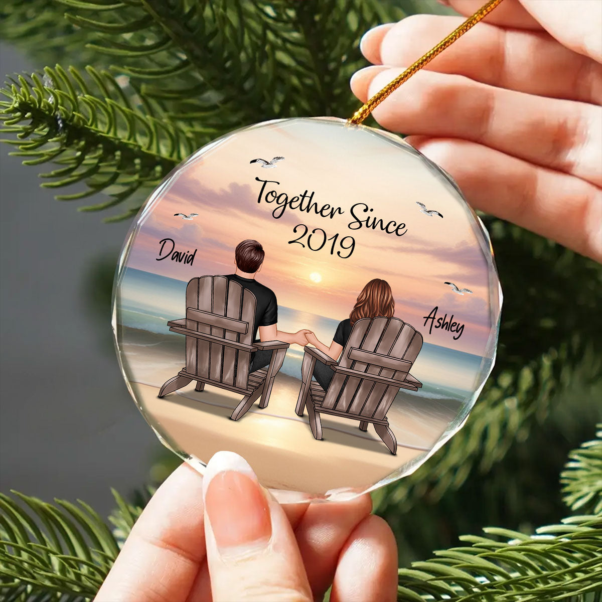 Couple Sitting Eternal Sunset Beach Personalized Circle Glass Ornament, Heartfelt Christmas Gift For Girlfriend, For Wife
