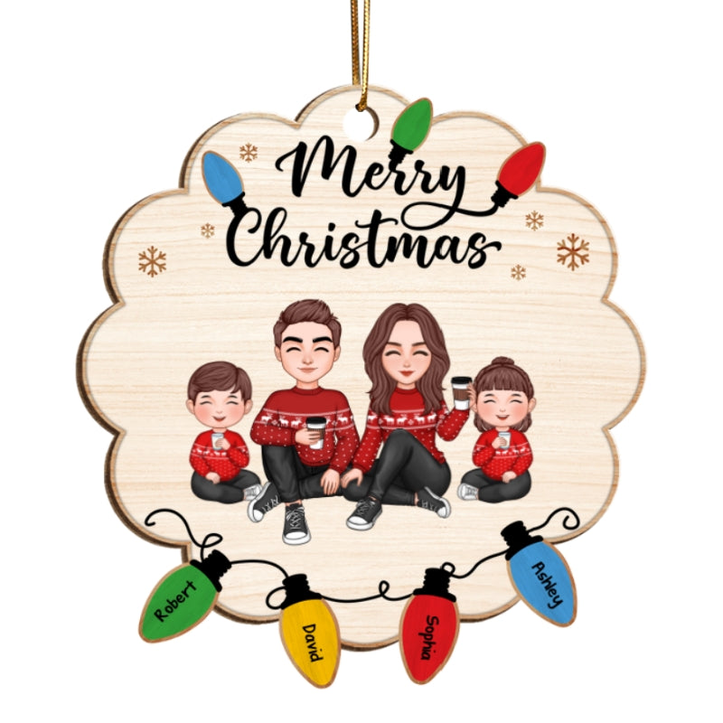 Cute Christmas Family Sitting Lightstring Personalized Wooden Ornament