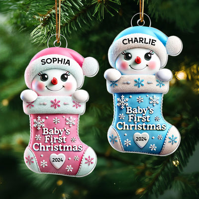 Baby First Christmas Snowman On Stocking 1st Christmas Keepsake Personalized Acrylic Ornament